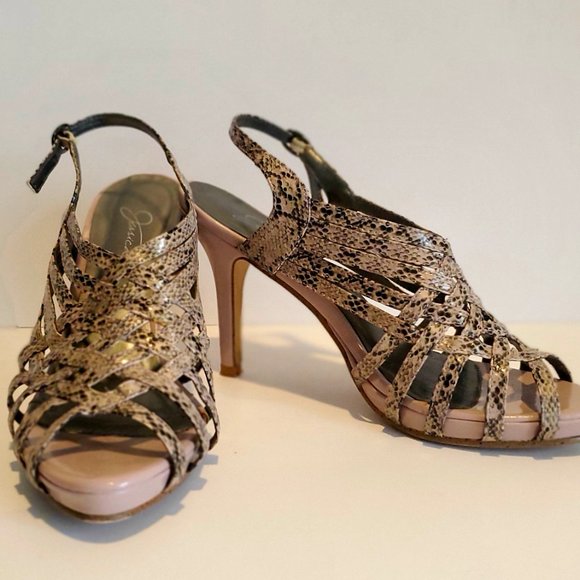 SNAKE SKIN / Reptile Print  Heels Woven Slingback Sandals Blush Pink & Black - Picture 2 of 5